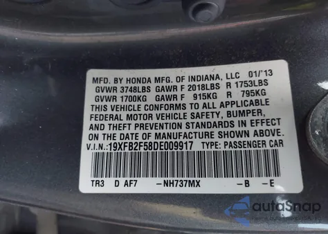 2013 Honda Civic Lx z USA, uszkodzony, nr VIN 19XFB2F58DE009917